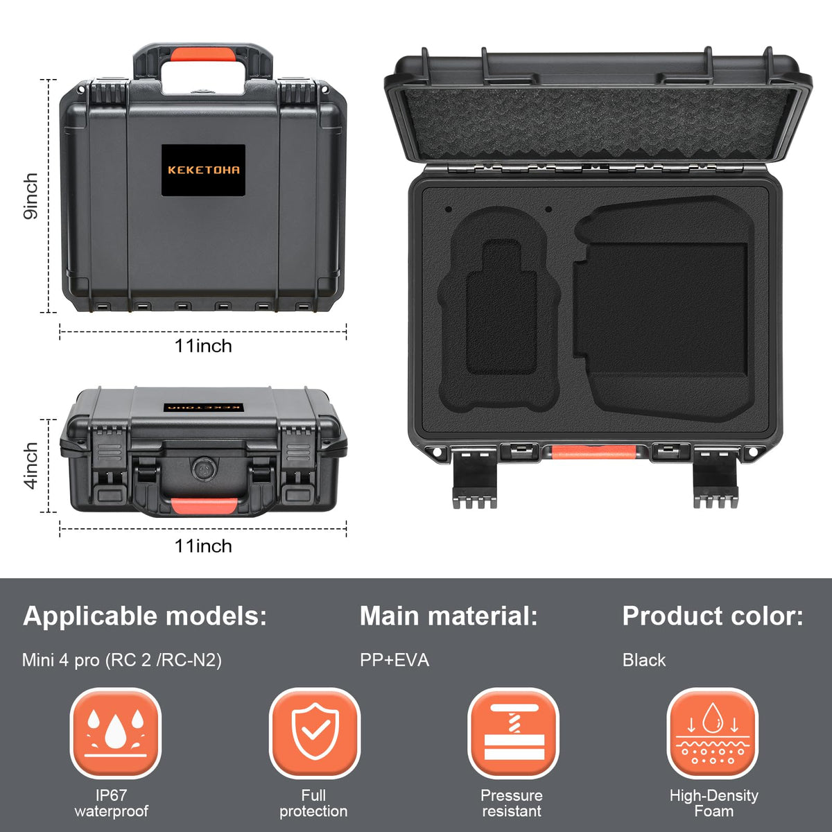 Keketoha Mini 4 Pro case with battery and charger storage pockets.