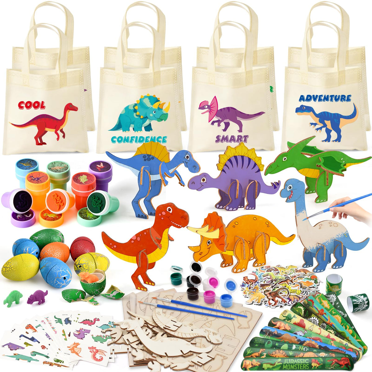 KELENO dinosaur party favors contents displayed for kids' party keepsakes and creative play.