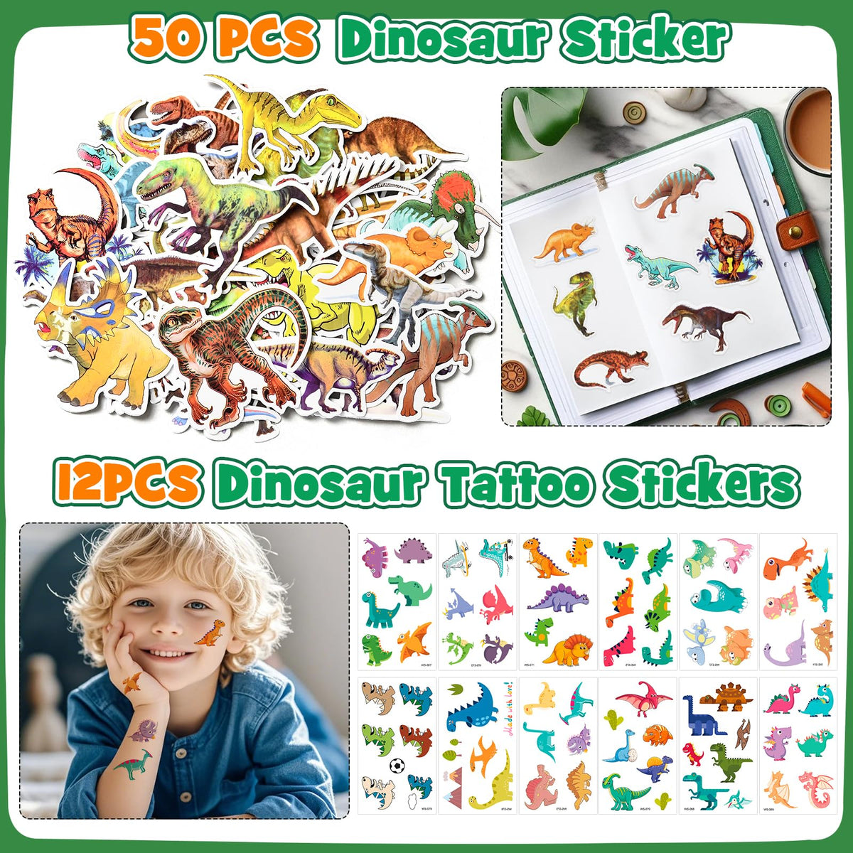 KELENO dinosaur stamps and stickers decorate crafts, scrapbooks, and party favors with style.