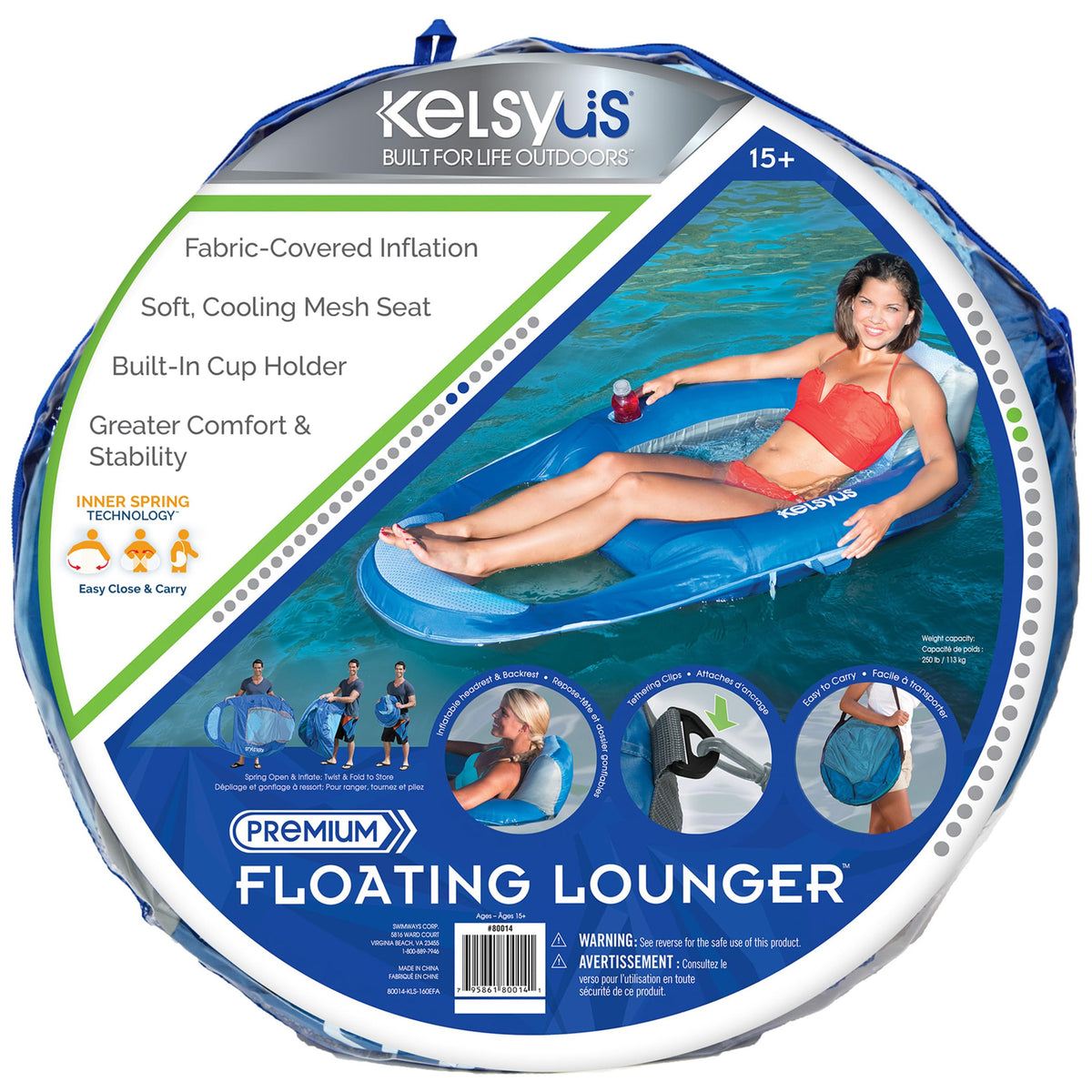 Kelsyus Spring Float Lounger dimensions accommodate adults up to 250 lbs.