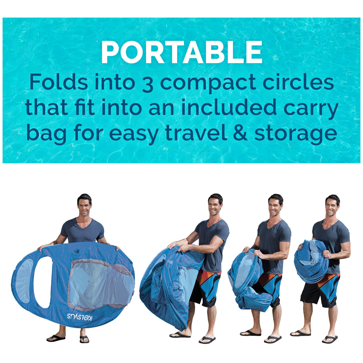 Kelsyus Spring Float Lounger folds into a compact carry bag for travel.