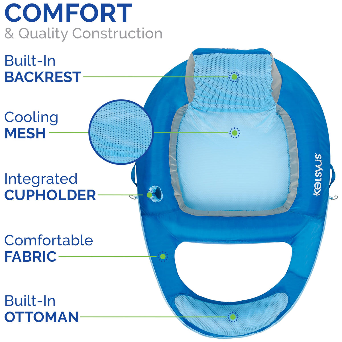 Kelsyus Spring Float Lounger uses Jet Valve for quick inflate/deflate.