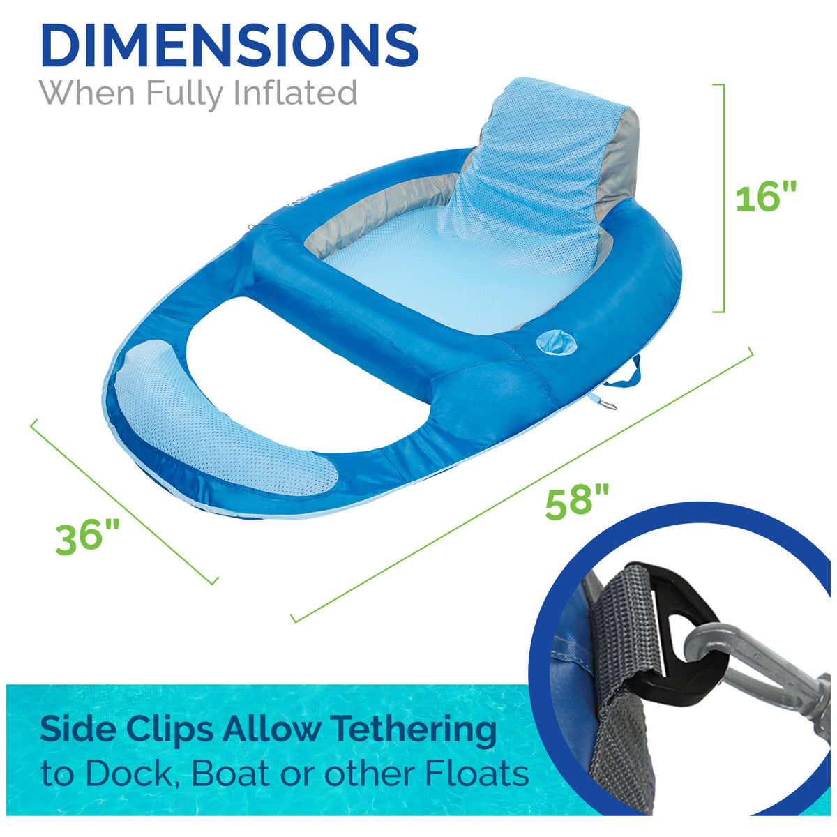 Kelsyus Spring Float Lounger side clips allow tethering to dock or boat.