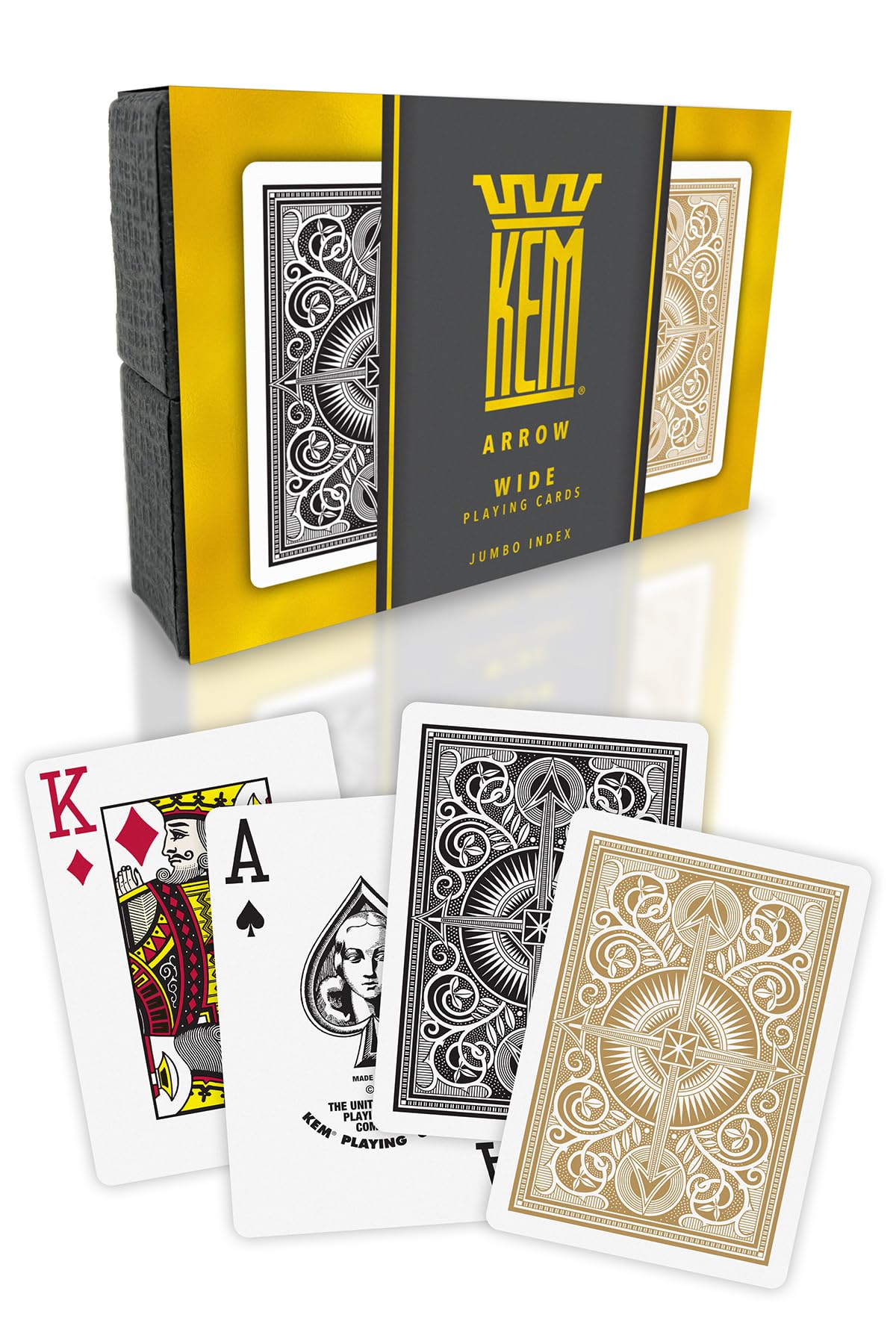 KEM Arrow black and gold plastic playing cards with jumbo index for easy visibility.