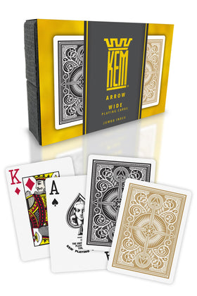 KEM Arrow black and gold plastic playing cards with jumbo index for easy visibility.