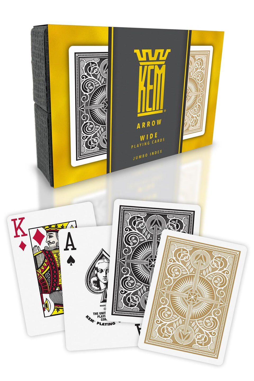 KEM Arrow black and gold plastic playing cards with jumbo index for easy visibility.