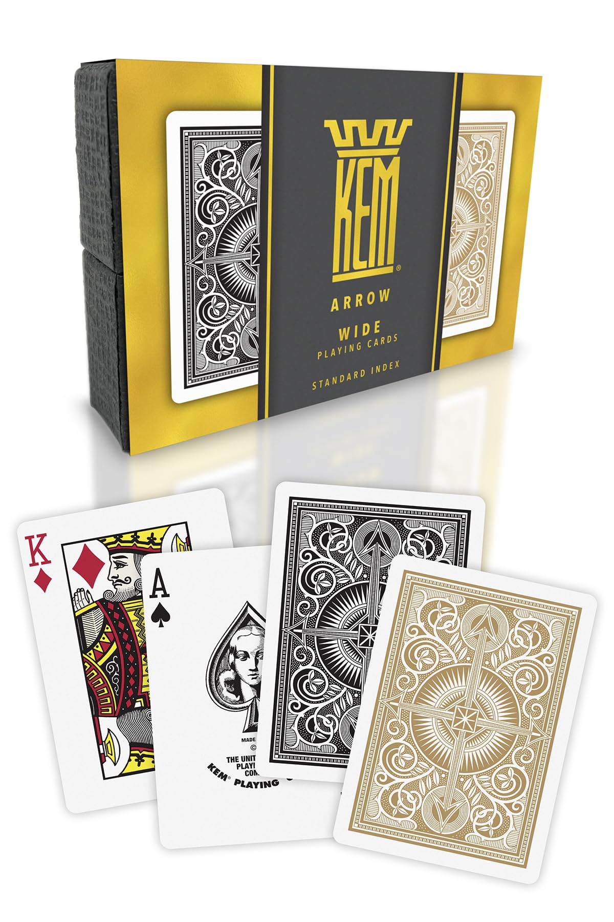 KEM Arrow Black and Gold poker-deck with smooth shuffles.