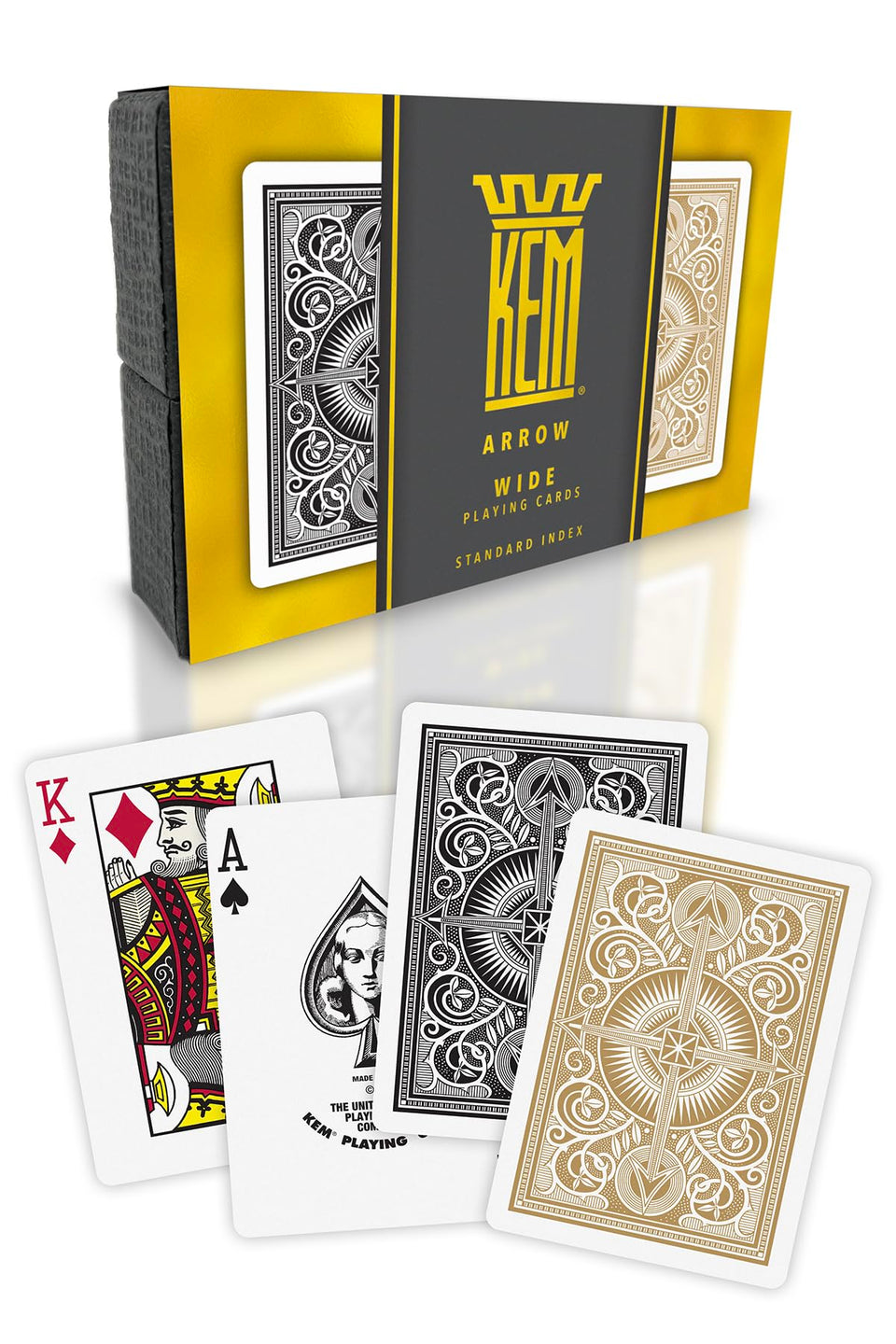 KEM Arrow Black and Gold poker-deck with smooth shuffles.