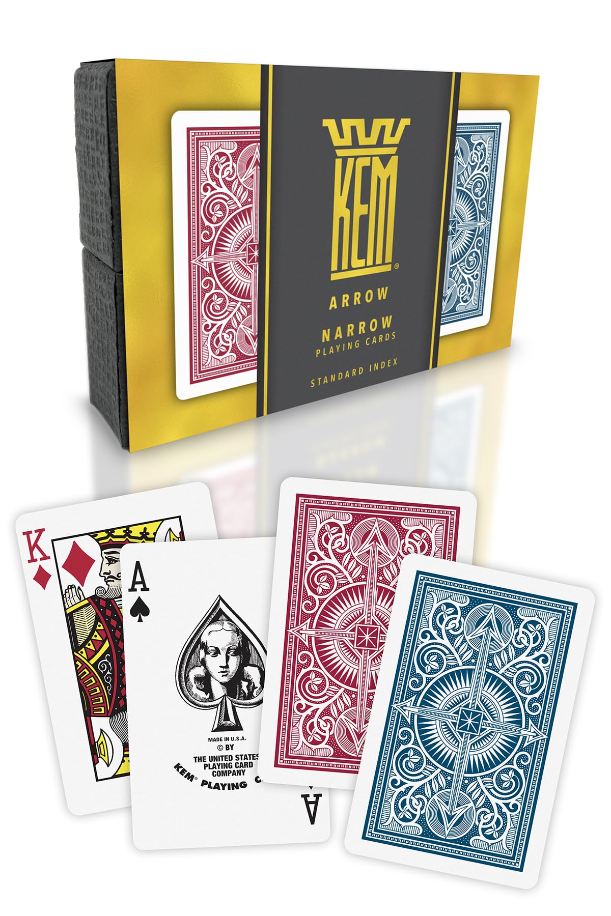KEM Arrow red and blue playing cards box front showing premium packaging.
