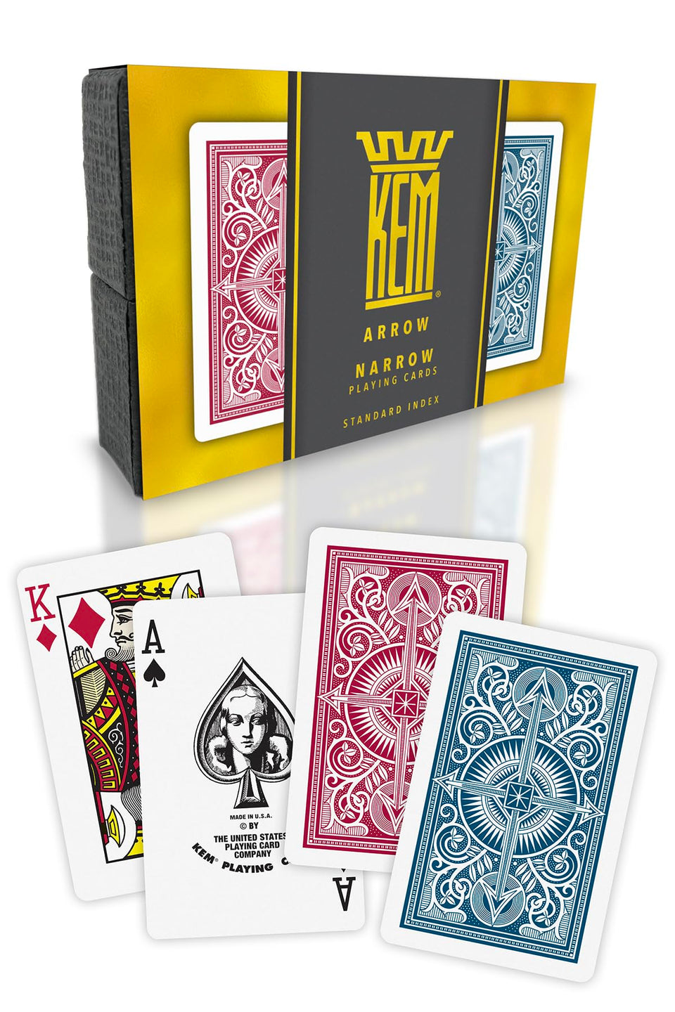 KEM Arrow red and blue playing cards box front showing premium packaging.