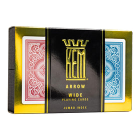 KEM Arrow red and blue plastic playing cards offer casino-grade durability for frequent play.