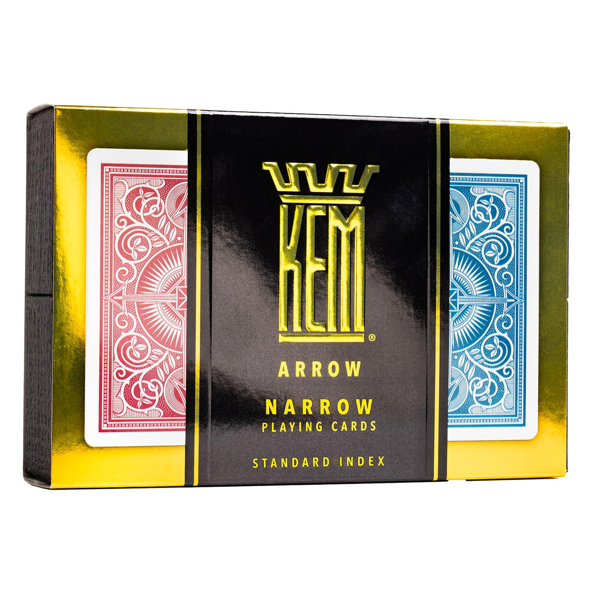 KEM Arrow red and blue decks spread highlighting standard index and bridge size.