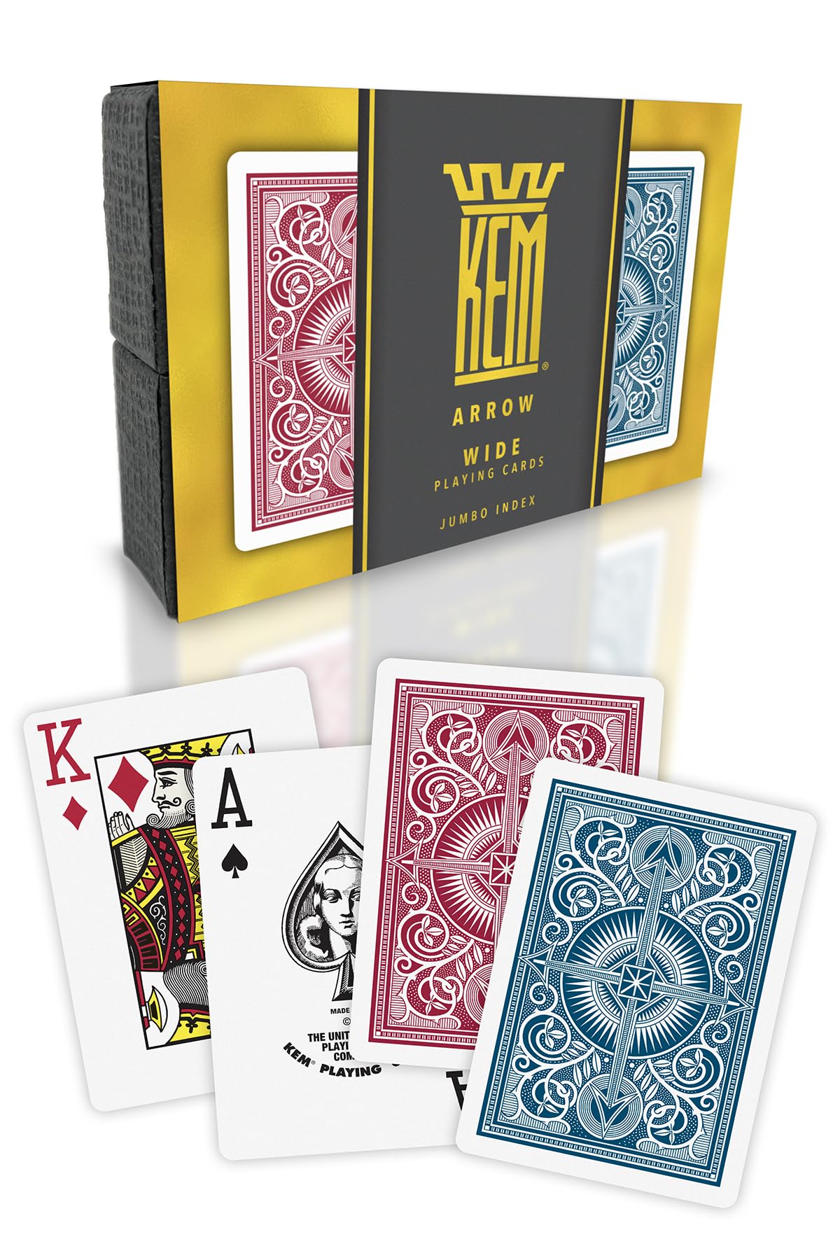 KEM Arrow red and blue playing cards with jumbo index for easy visibility during games.
