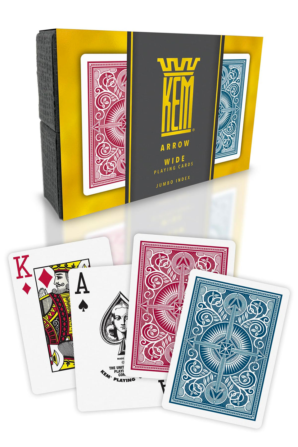 KEM Arrow red and blue playing cards with jumbo index for easy visibility during games.