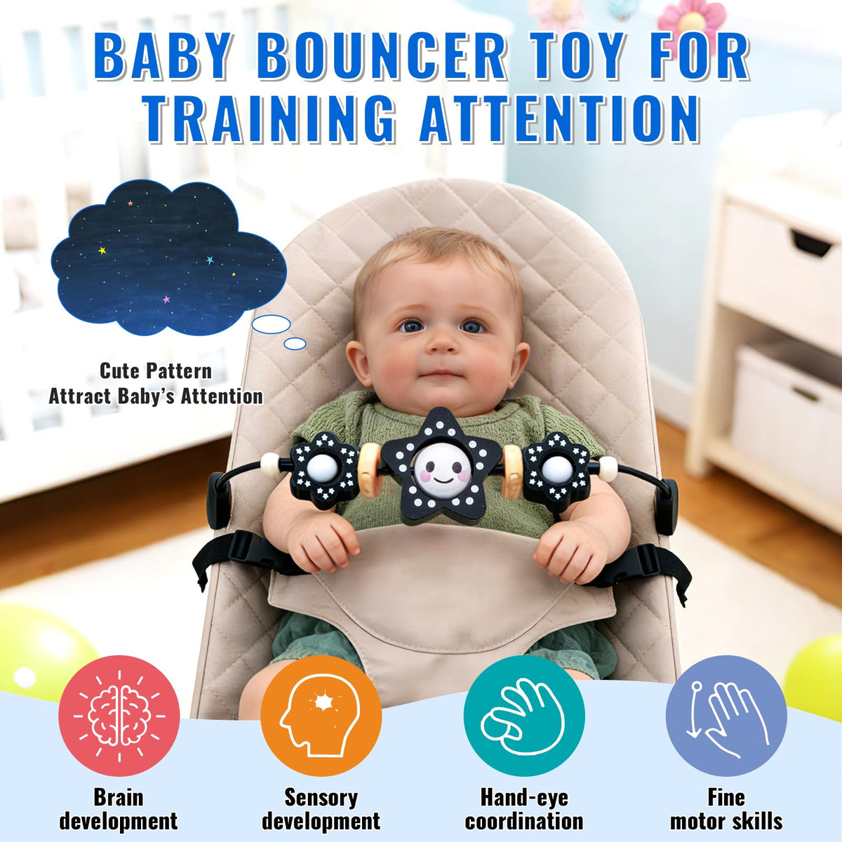 Kenkyo toy bar clips system close-up demonstrates secure attachment for wobble-free play.