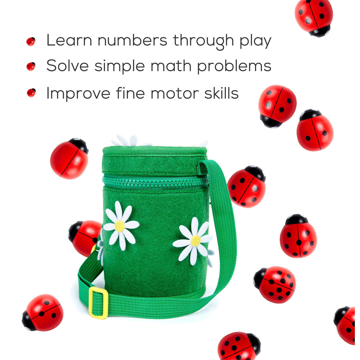 Kenley felt jar with ladybugs for easy post-play storage and organization.