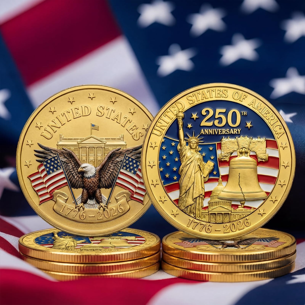 Kenning 1776-2026 design coin celebrates history with durable enamel finish.