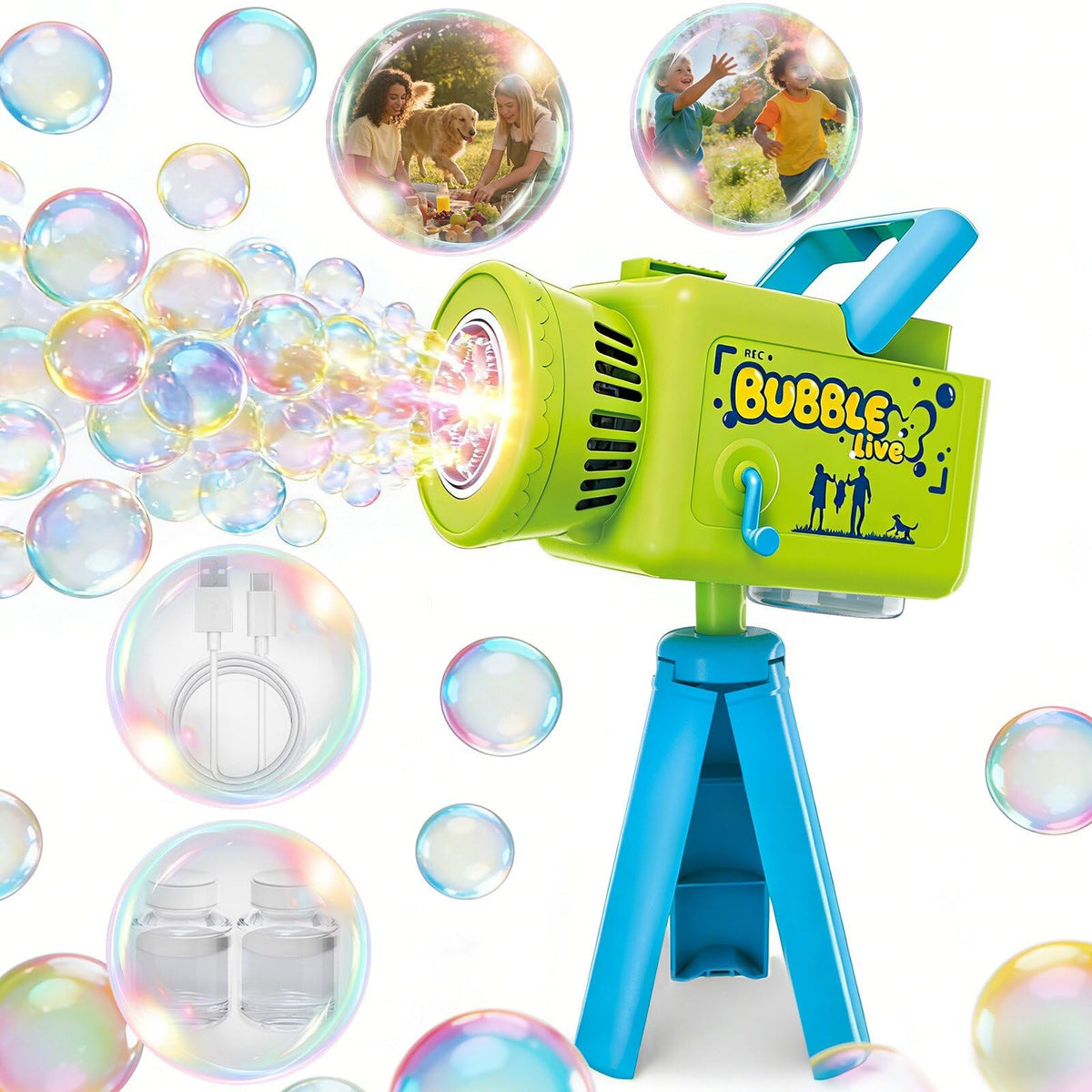 KENVC camera bubble machine shows battery powered action for outdoor events