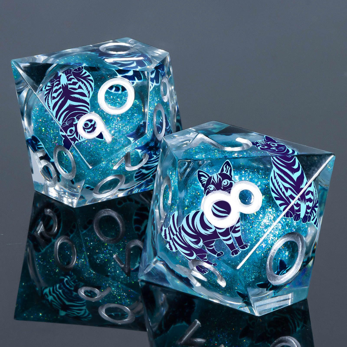 KERWELLSI display case photo of blue cat DND dice set.