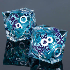 KERWELLSI display case photo of blue cat DND dice set.
