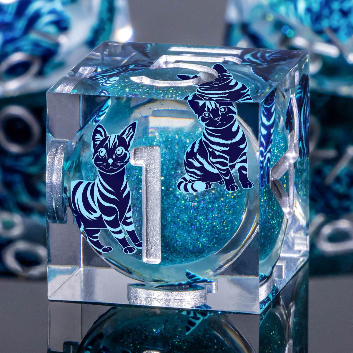 KERWELLSI dice sharp edges in blue, precise rolls and dramatic light refraction.