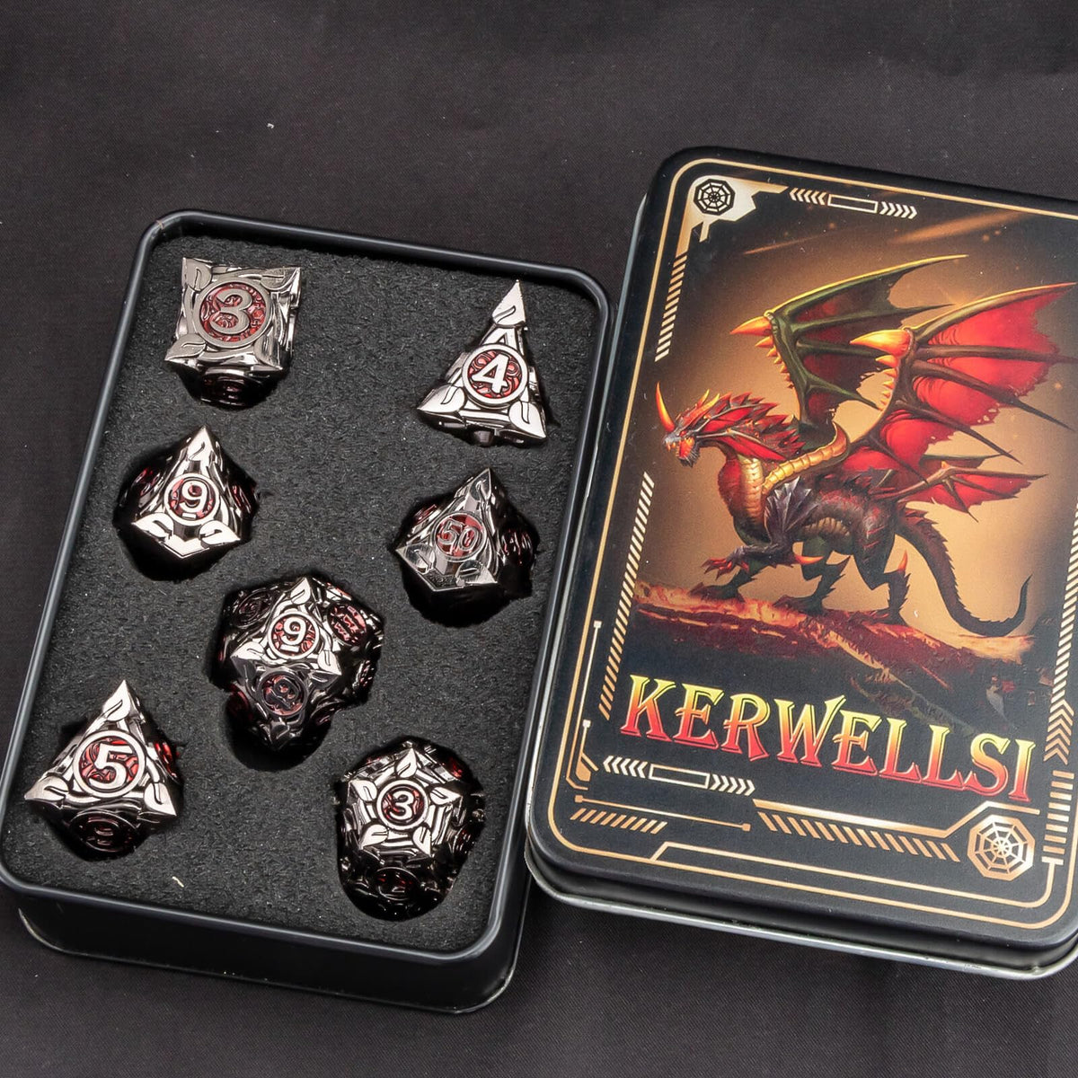 KERWELLSI dice close-up shows premium engraved details.