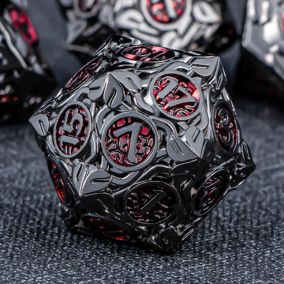 KERWELLSI metal DND dice set with nature vines leaf motif for table presence.
