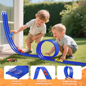 Two included cars start racing immediately on the flexible track.