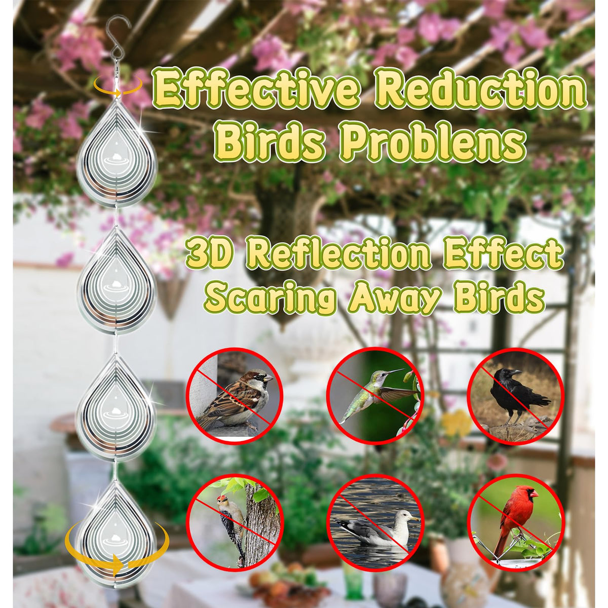 Kexsscai wind spinner sparkles in sun, enhancing yard decor while deterring birds.