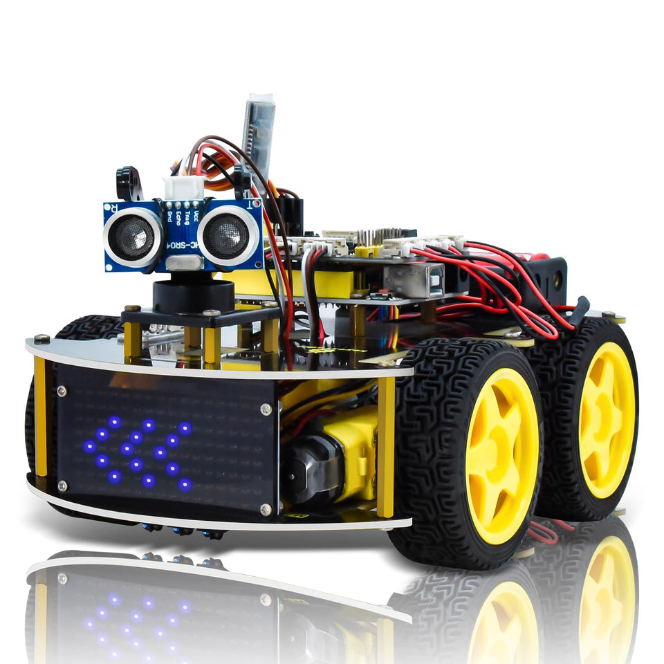 KEYESTUDIO Smart Car Robot assembly image showing starter components for beginners.