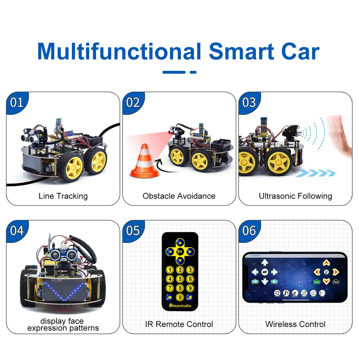 KEYESTUDIO Smart Car Robot IR control mode demonstrating wireless operation for learning basics.