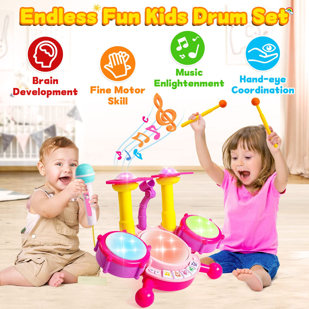 Keysense drum set with flashing lights to enhance musical exploration.