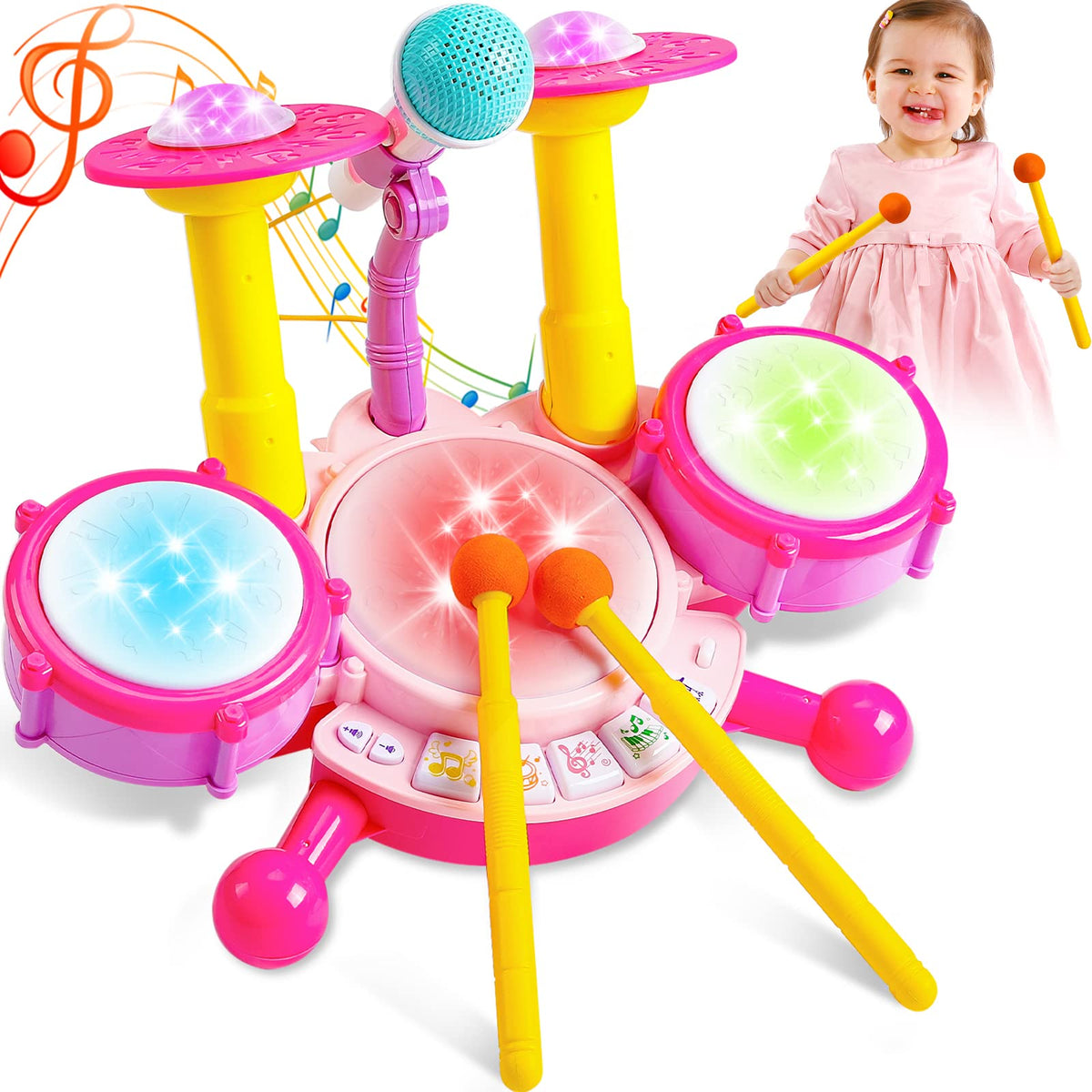 Keysense Kids Drum Set with pink lights for engaging rhythm play.