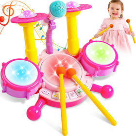 Keysense Kids Drum Set with pink lights for engaging rhythm play.