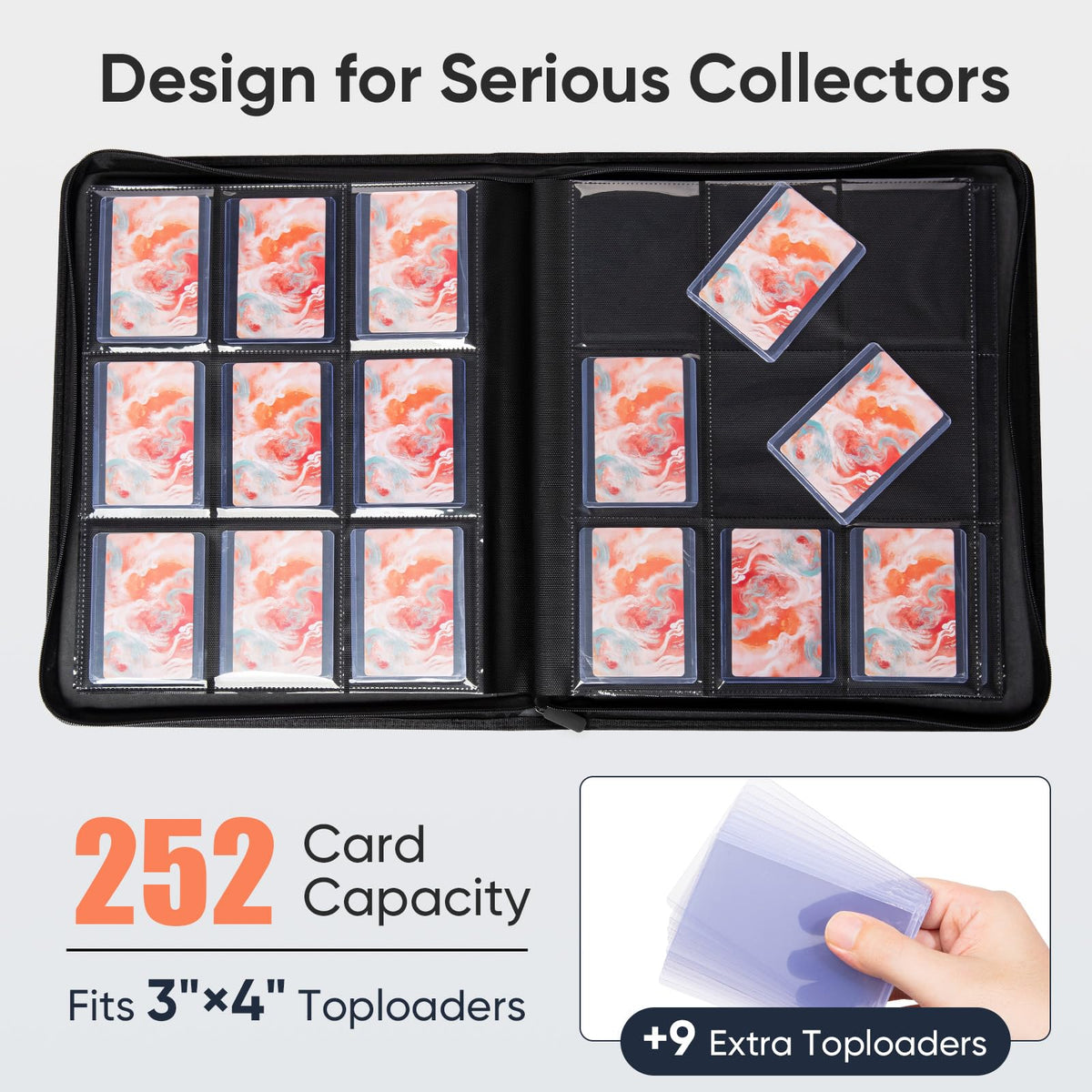 Keyufox binder interior displays 9-pocket pages for organized card storage.