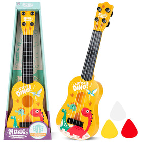 KFPPLXQ mini guitar dinosaur front view, a kid-friendly beginner instrument.