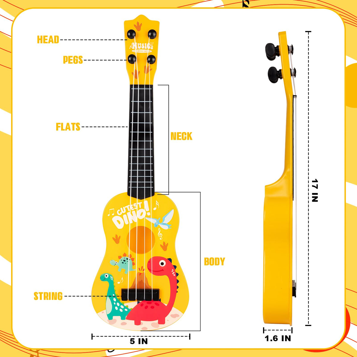 KFPPLXQ mini guitar dinosaur side view, lightweight for small hands.