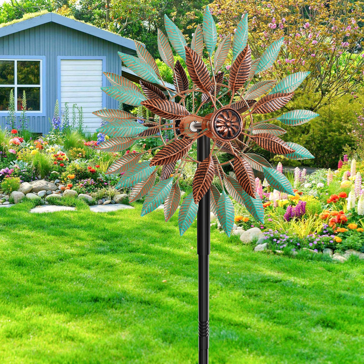 KHayRovies outdoor garden decor wind spinner adds kinetic character to spaces.