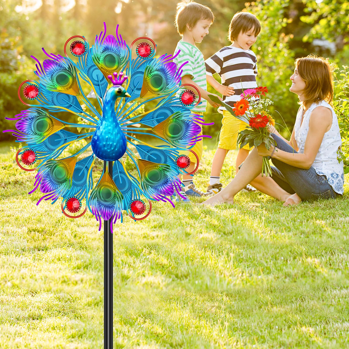 KHayRovies outdoor windmill spins as kinetic art on patios and lawns