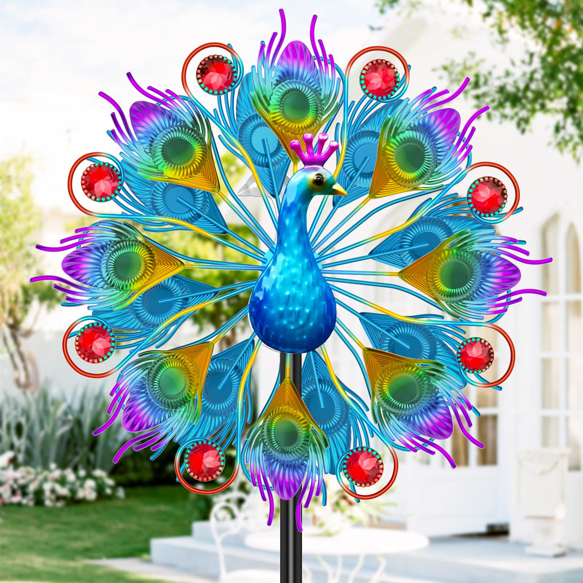 KHayRovies peacock wind spinner with vibrant colors adds striking garden movement