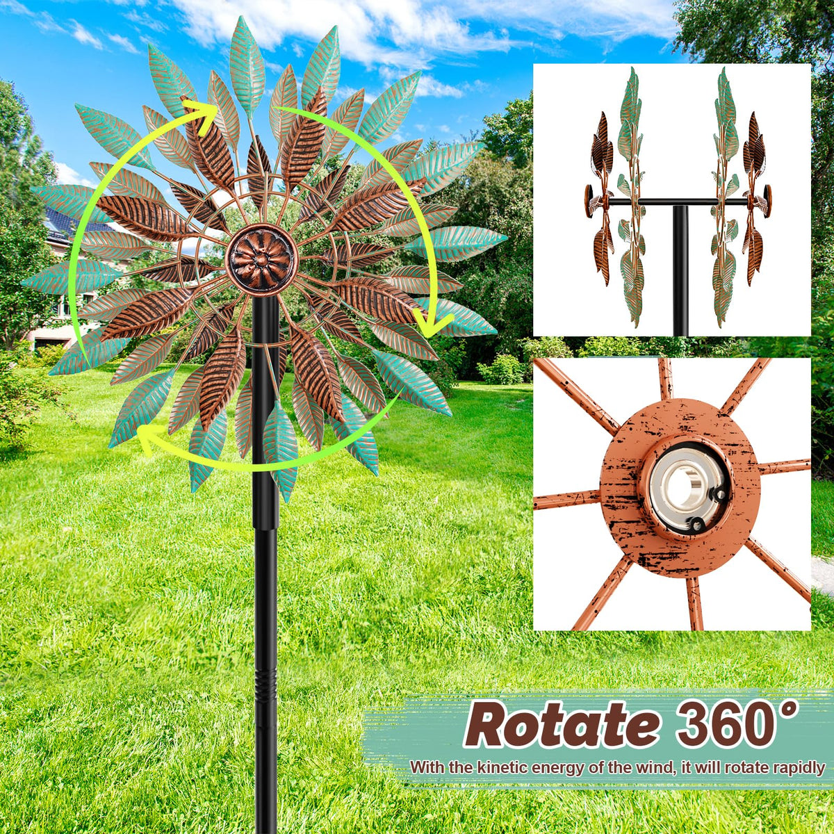 KHayRovies wind spinner with dual-direction blades rotates from any wind angle.