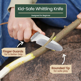 Kibbidea kid's knife with rounded tip for safer beginner whittling.