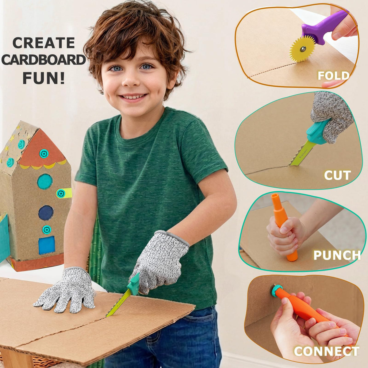 Kibbidea safety-rounded tips and gloves support controlled cutting for kids