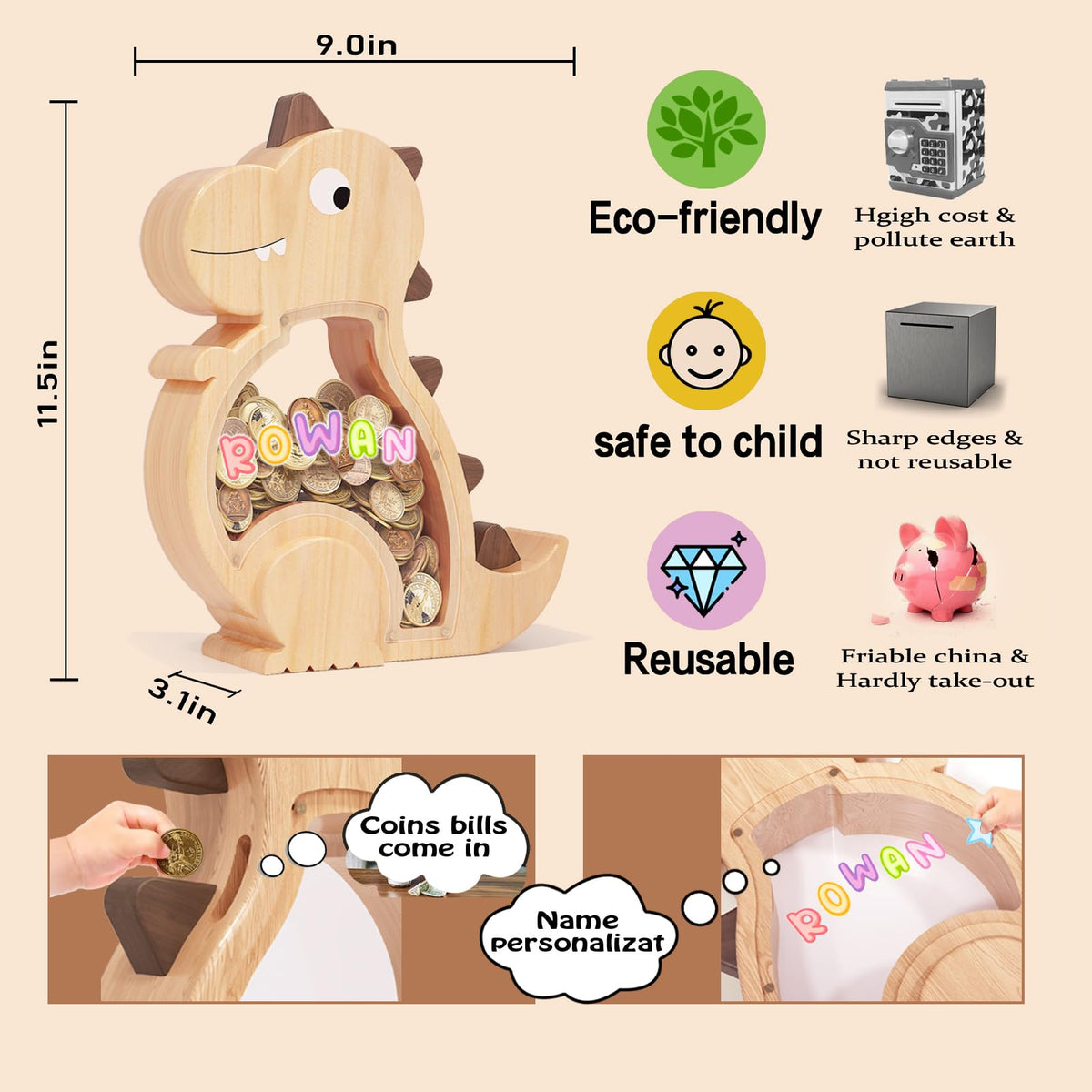 Kibelly transparent acrylic window showing savings progress for kids