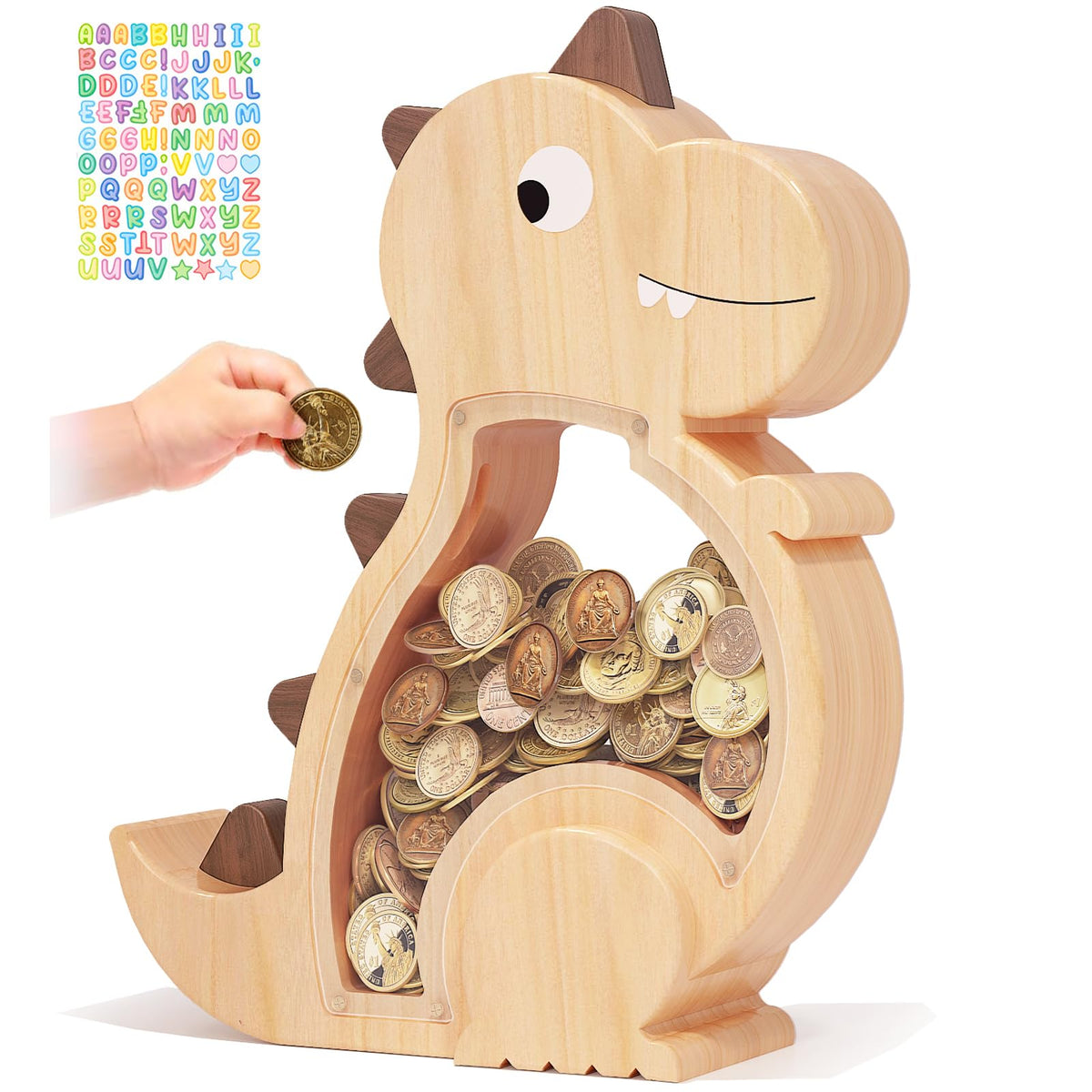 Kibelly wooden dinosaur piggy bank for kids' savings and family play
