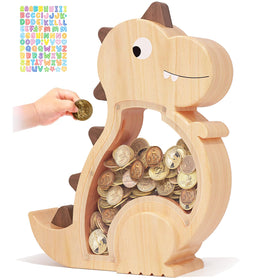 Kibelly wooden dinosaur piggy bank for kids' savings and family play