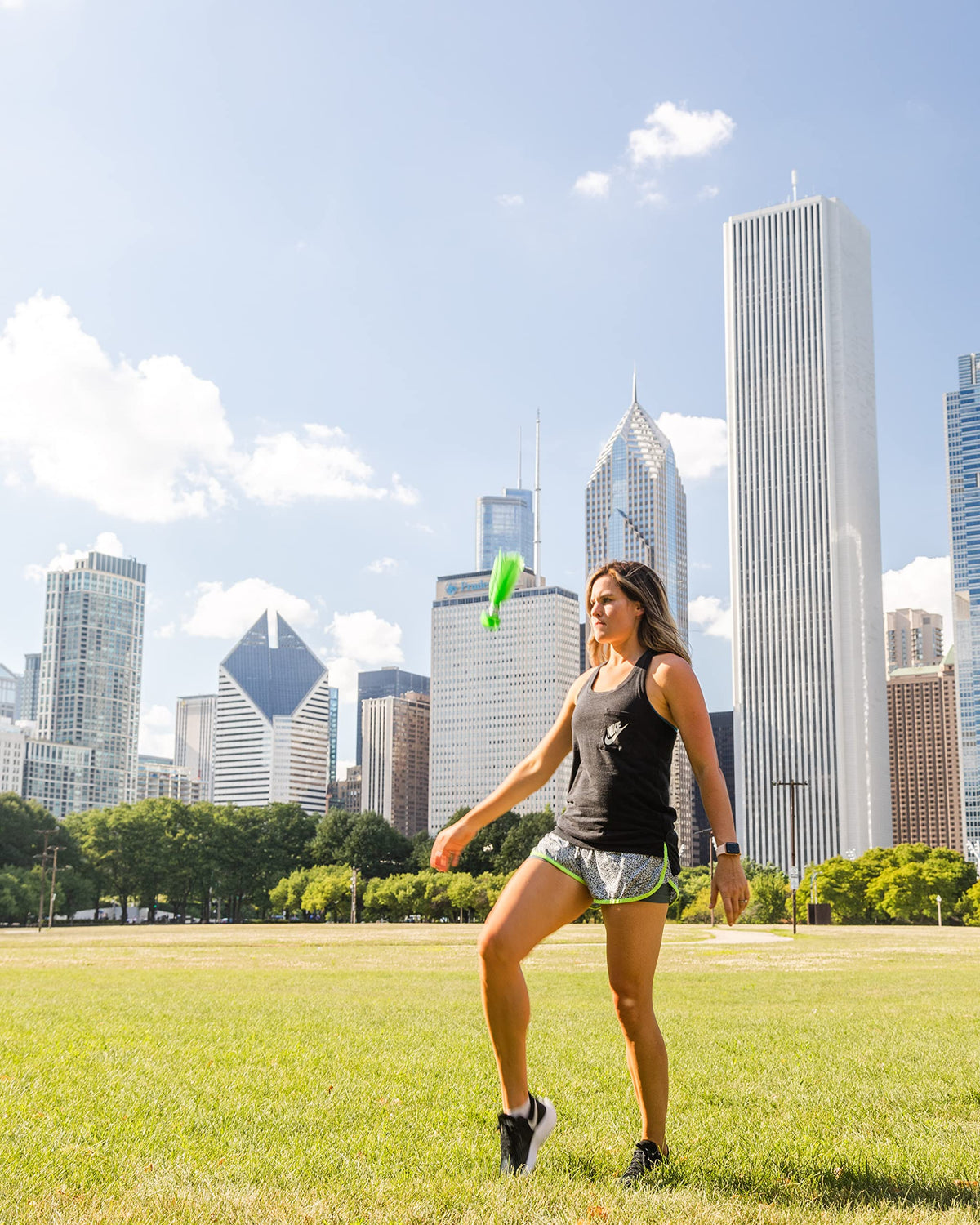 Kickit air-time boost visual captures extended flight for dramatic juggling practice.
