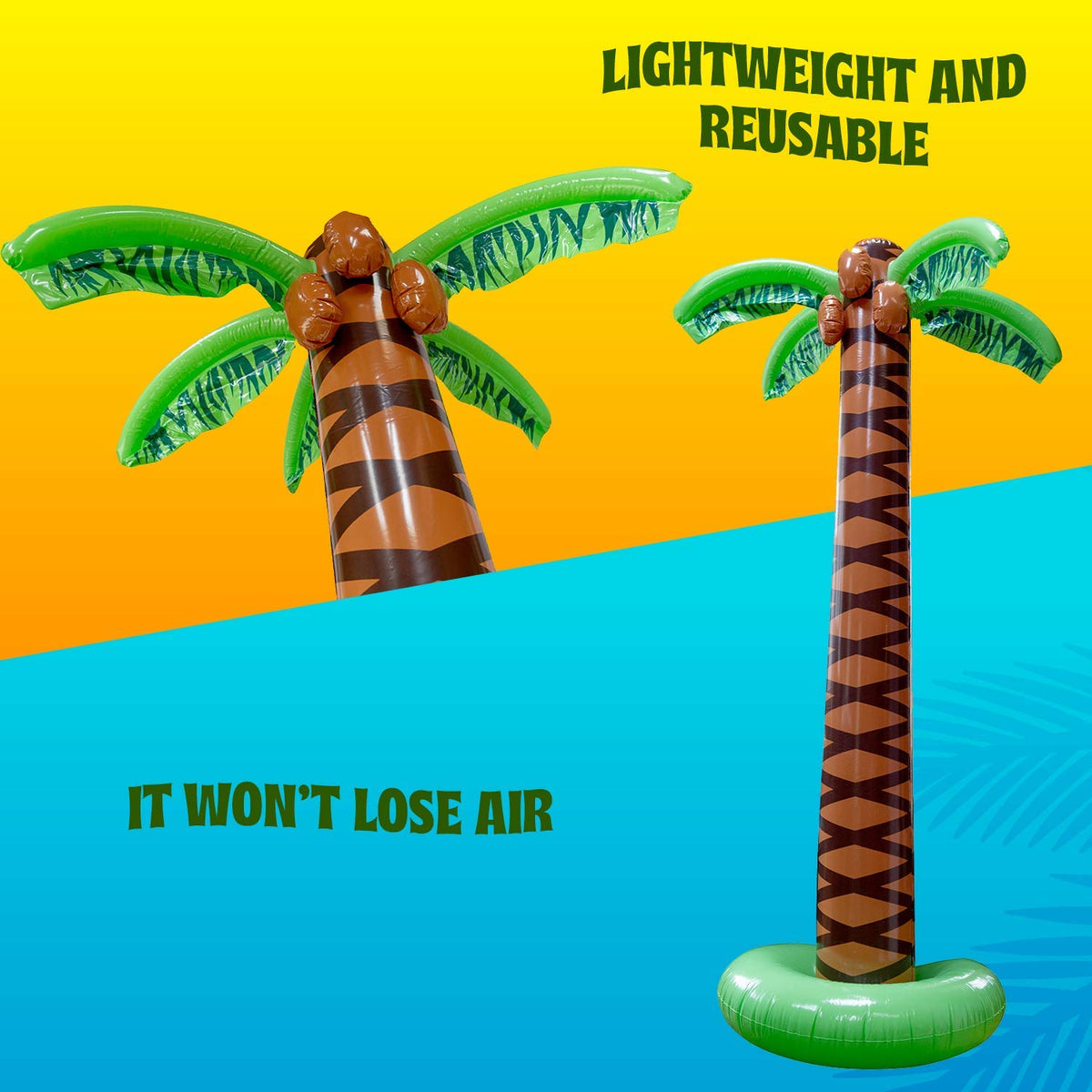 Kicko inflatable palm tree with detailed color boosts tropical charm.