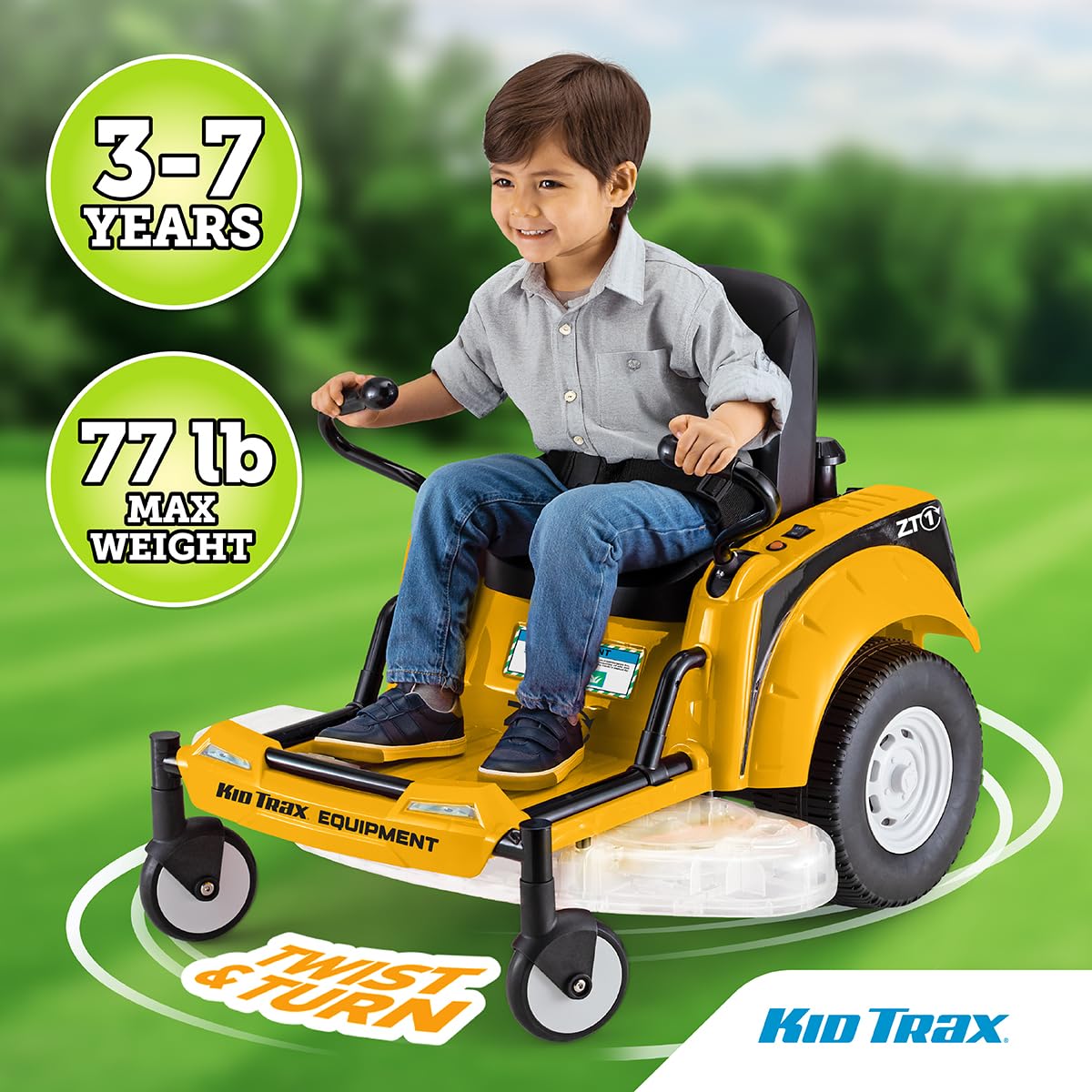 Kid Trax 12V Zero Turn Lawn Mower Green side view for active outdoor play