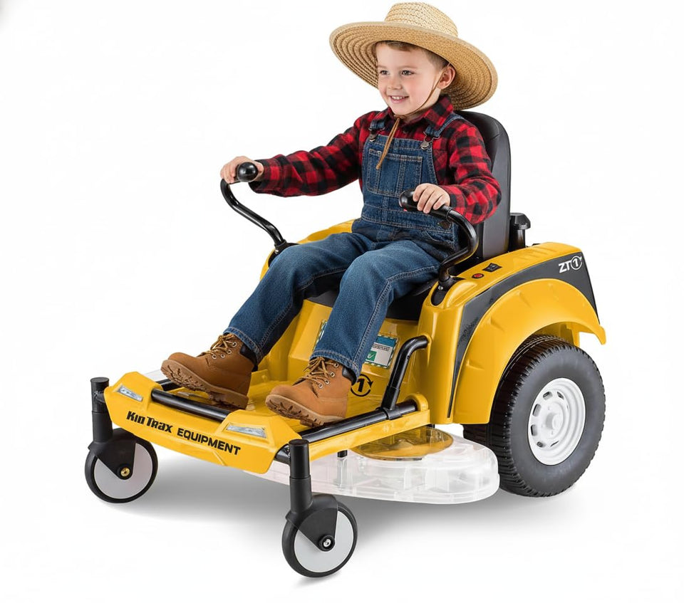 Kid Trax 12V Zero Turn Lawn Mower Yellow front view for authentic play and outdoor fun